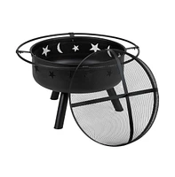 Emma+Oliver Round Wood Burning Sun & Moon Cutout Outdoor Firepit With Mesh Spark Screen