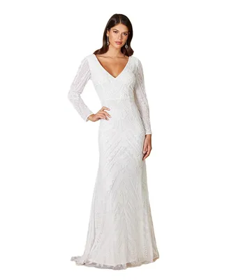 Lara Women's White Gretchen V-Neck Long Sleeve Wedding Dress