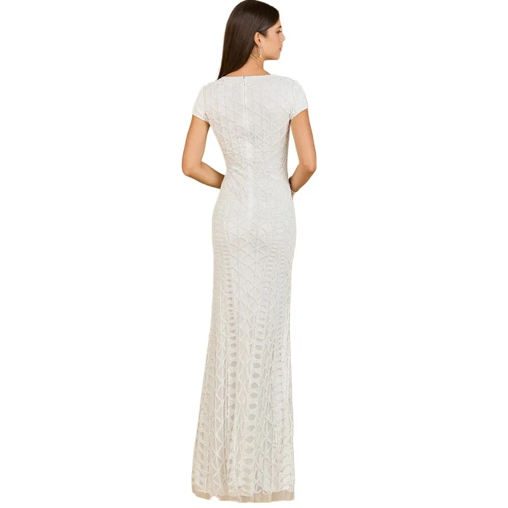 Lara Women's Beaded V-Neckline Dress with Cap Sleeves