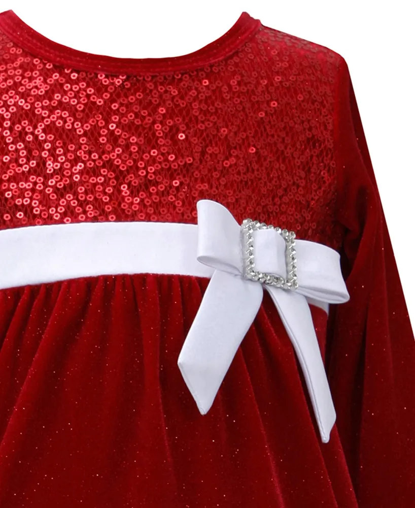 Bonnie Baby Baby Girls Sequin Velvet Santa Dress with Faux Fur Trim