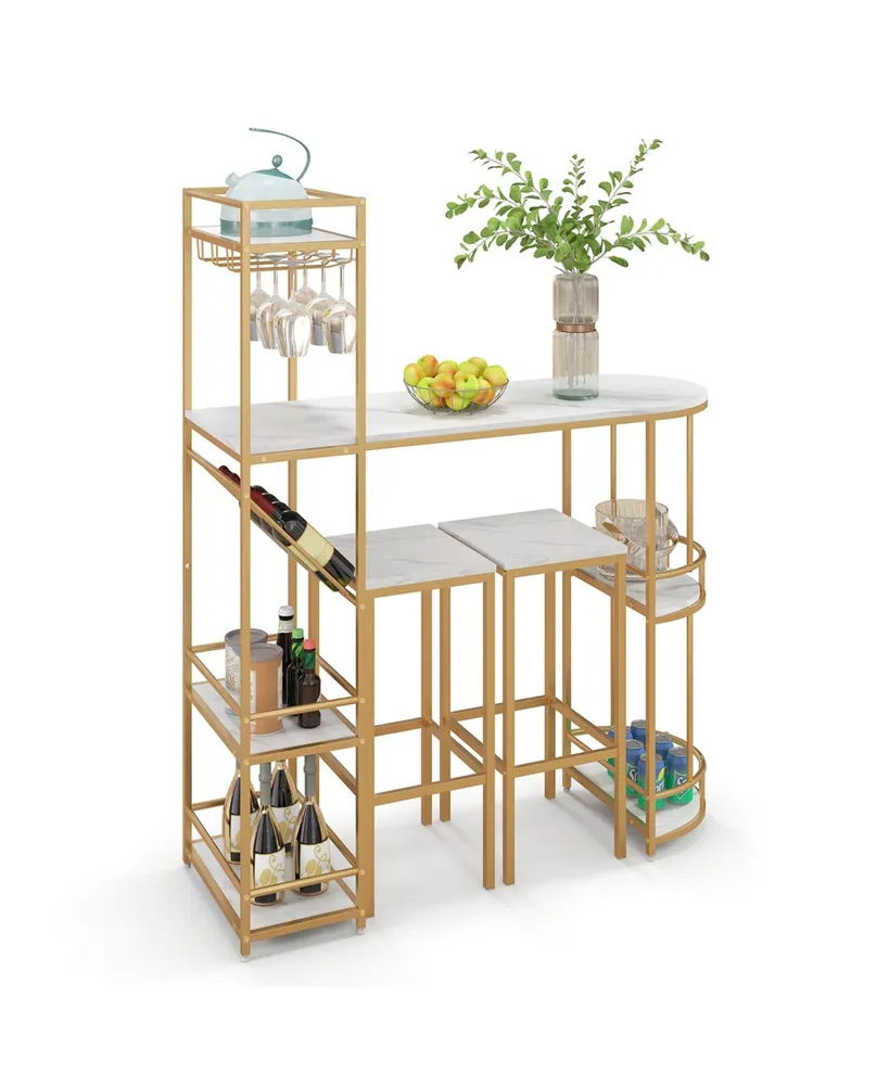 Costway 3 Pcs Bar Table Set 2 Stools Storage Shelves Glass Holder Wine Rack