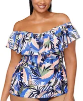 Raisins Curve Trendy Plus Size Tortuga Ruffled Off-The-Shoulder Tankini Top