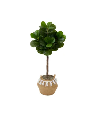 Nearly Natural 48" Artificial Fiddle Leaf Fig Tree with Handmade Jute Cotton Basket with Tassels Diy Kit