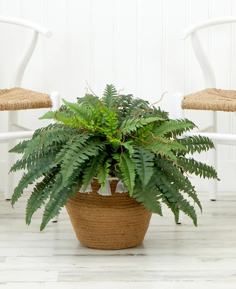 Nearly Natural 23"Artificial Boston Fern Plant in Handmade Jute Cotton Basket with Tassels Diy Kit