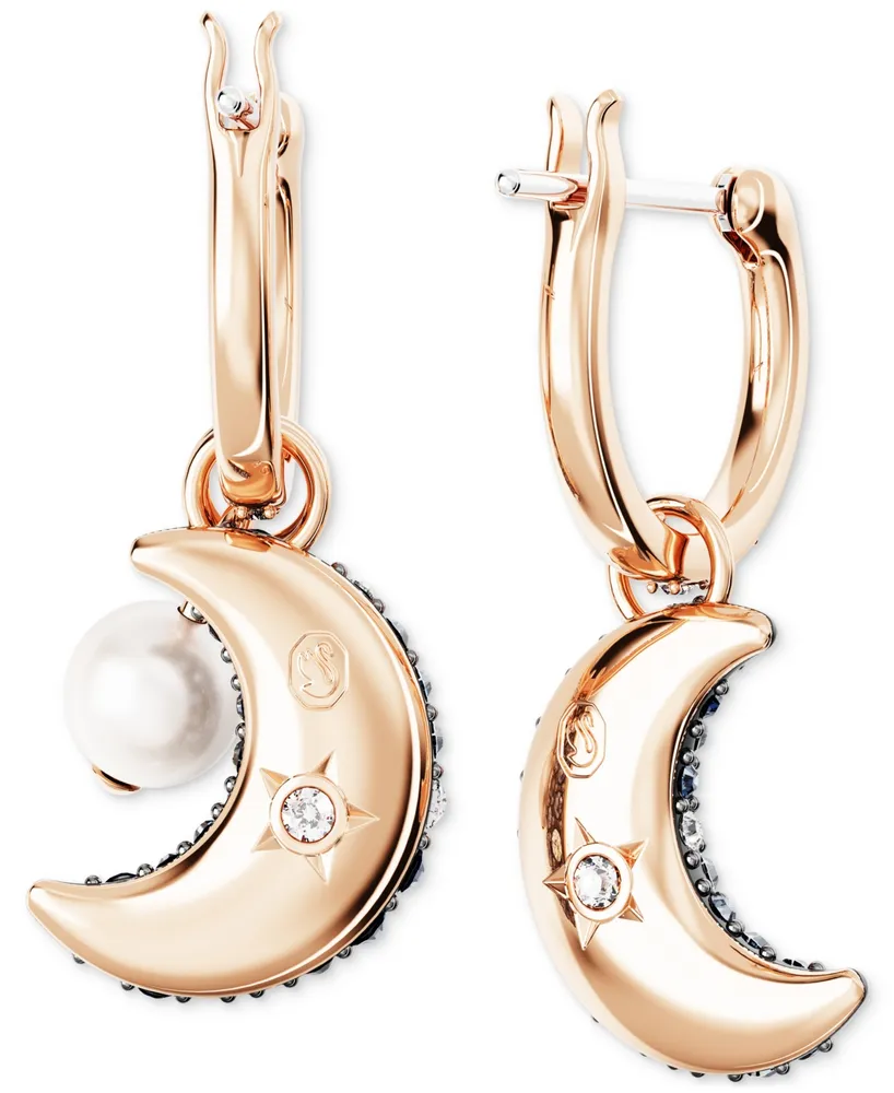 Swarovski Rose Gold-Tone Pave Crescent Moon & Imitation Pearl Mismatch Charm Hoop Earrings
