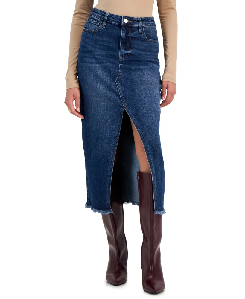 Celebrity Pink Juniors' Denim Front-Slit Frayed-Hem Midi Skirt