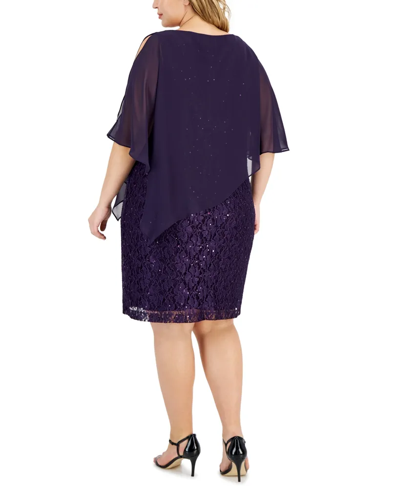 Connected Plus Size Sequined-Lace Cape-Overlay Dress