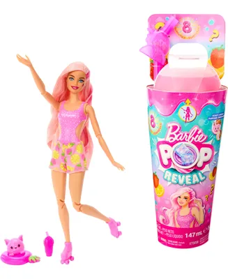 Barbie Pop Reveal Fruit Series Strawberry Lemonade Doll, 8 Surprises Include Pet, Slime, Scent & Color Change - Multi
