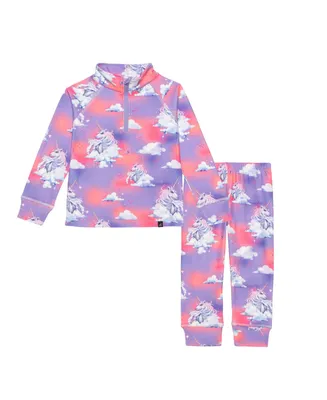 Girl Two Piece Thermal Underwear Set Lavender With Unicorns In The Clouds Print - Toddler|Child