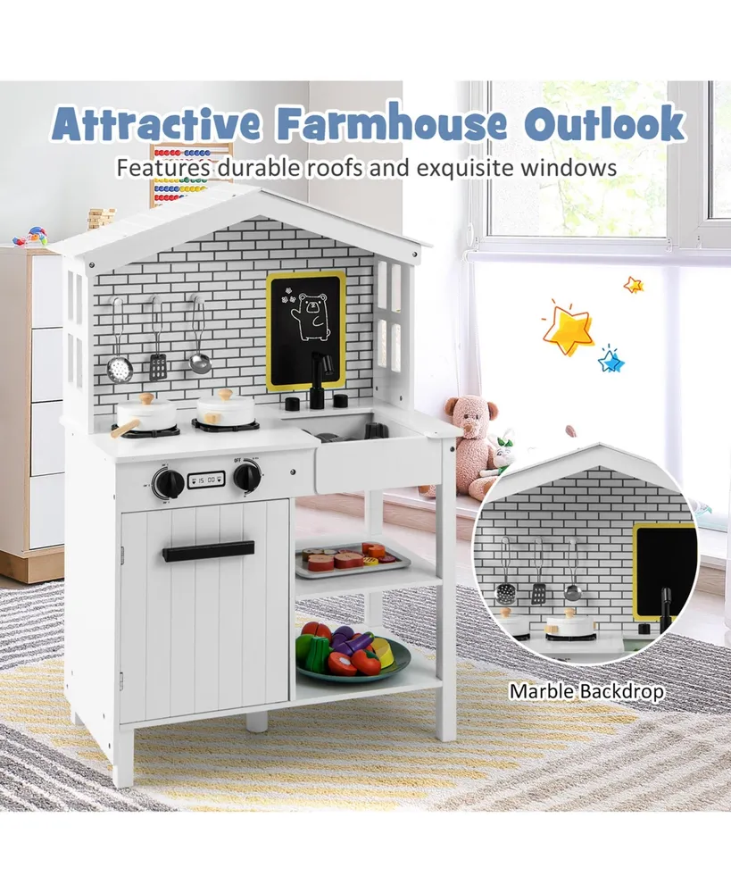 Kids Farmhouse Kitchen Play Set Wooden Pretend Toy with Storage & Accessories