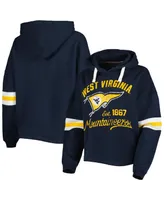 Women's Pressbox Navy Distressed West Virginia Mountaineers Super Pennant Pullover Hoodie