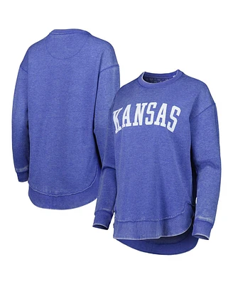 Women's Pressbox Royal Distressed Kansas Jayhawks Vintage-Like Wash Pullover Sweatshirt