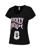Women's Mad Engine Black Distressed Mickey Mouse Face Scoop Neck T-shirt