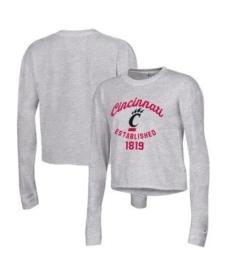 Women's Champion Heather Gray Cincinnati Bearcats Boyfriend Cropped Long Sleeve T-shirt