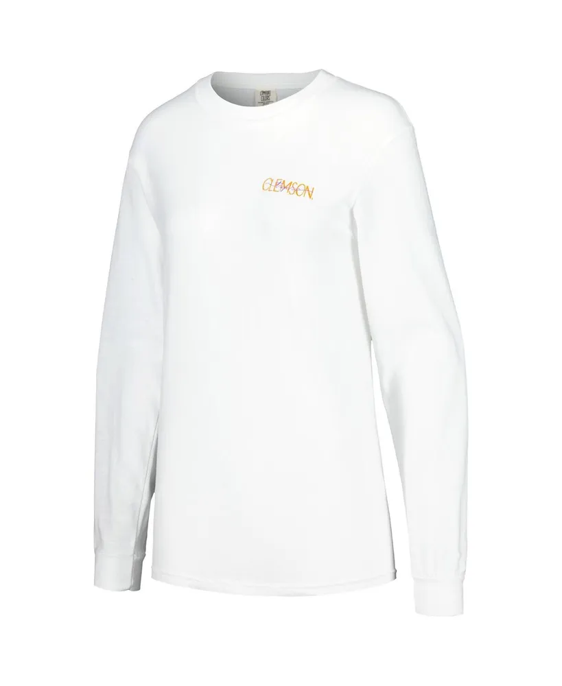 Women's White Distressed Clemson Tigers Hand-Drawn Stadium Comfort Colors Oversized Long Sleeve T-shirt