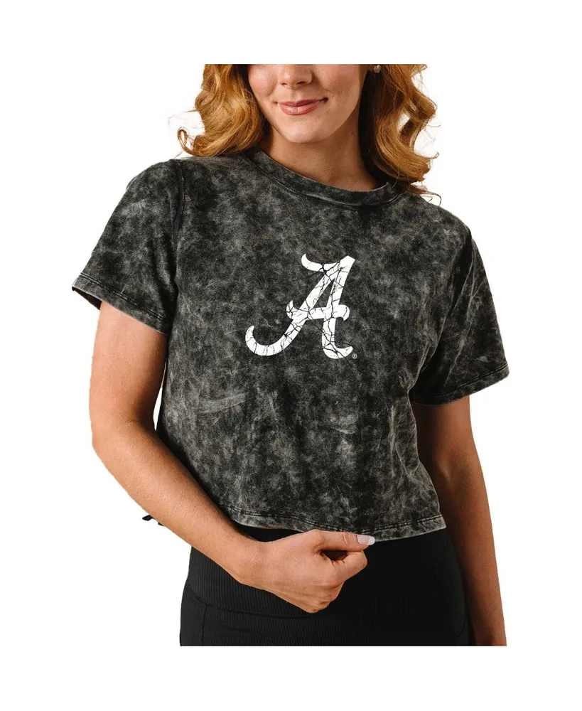 Women's Black Distressed Alabama Crimson Tide Vintage-Like Wash Milky Silk Cropped T-shirt