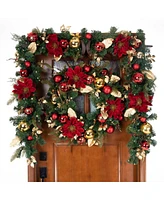 Village Lighting Company 9' Artificial Christmas Garland with Lights, Golden-Tone Leaf Red Magnolia