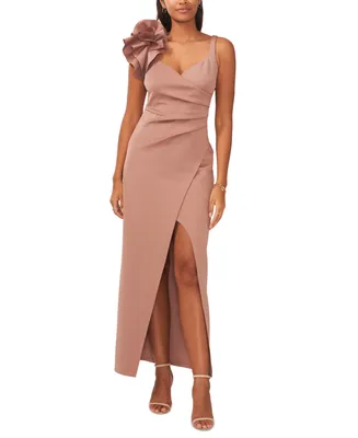 Msk Petite Rosette-Shoulder Side-Pleated High-Slit Gown