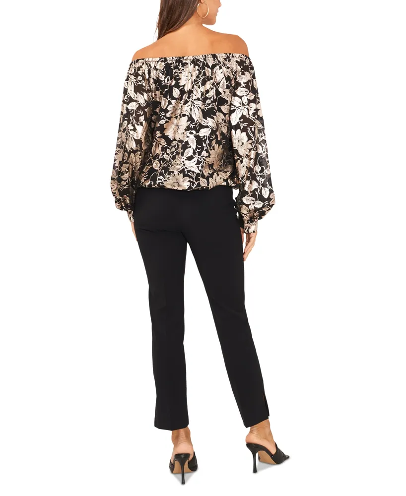 Msk Women's Floral Metallic-Chiffon Balloon-Sleeve Top