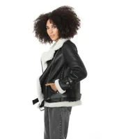 Furniq Uk Women's Shearling Belted Biker Jacket, Silky Black with White Wool