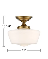 Regency Hill Schoolhouse Rustic Farmhouse Ceiling Light Semi Flush-Mount Fixture 12" Wide Soft Gold Opal White Glass for Bedroom Kitchen Living Room H