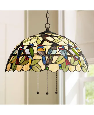 Tropical Birds Tiffany Bronze Plug In Swag Pendant Chandelier 20" Wide Stained Glass 3