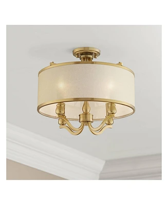 Possini Euro Design Nor Vintage-like Ceiling Light Semi Flush-Mount Fixture 18" Wide Warm Antique Brass 4-Light Soft Gold Organza Drum Shade for Bedro