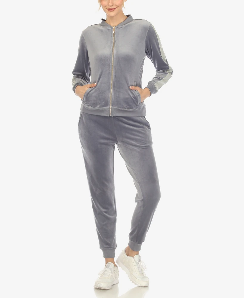 White Mark Women's Faux Leather Stripe Velour 2 Piece Tracksuit Set