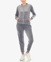 White Mark Women's Faux Leather Stripe Velour 2 Piece Tracksuit Set