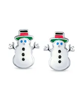 Bling Jewelry Small Fun Holiday Cartoon Christmas Winter White Enamel Frosty Snowman Stud Earrings For Women Sterling Silver