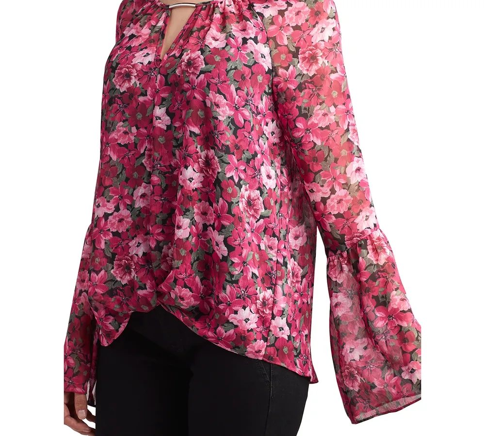 Bcx Juniors' Twisted Keyhole Floral Bell-Sleeve Top