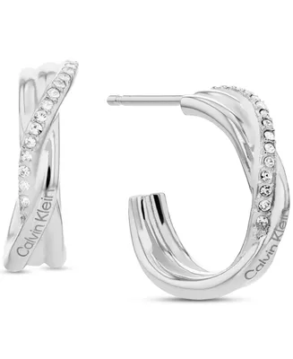 Calvin Klein Stainless Steel Small Pave Crossover C-Hoop Earrings, 0.6"