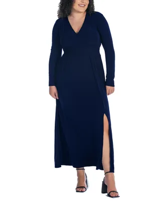 24seven Comfort Apparel Plus Long Sleeve V-neck Maxi Dress