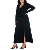 24seven Comfort Apparel Plus Long Sleeve V-neck Maxi Dress