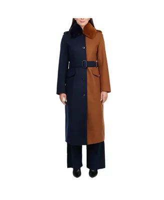 Badgley Mischka Women's Wool Blend Color Block Coat with Detachable Faux Fur Collar