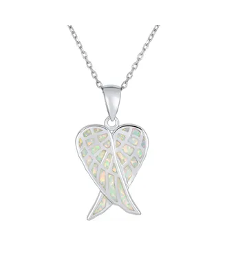 Romantic Love Gemstone Created White Opal Inlay Spiritual Guardian Angel Wings Feather Necklace Pendant For Women Girlfriend .925 Sterling Silver