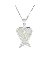 Romantic Love Gemstone Created White Opal Inlay Spiritual Guardian Angel Wings Feather Necklace Pendant For Women Girlfriend .925 Sterling Silver