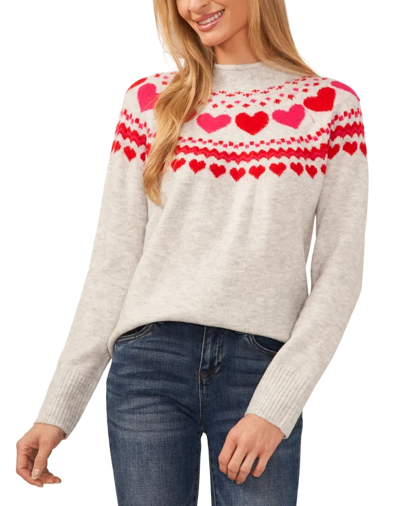 CeCe Women's Heart Fair Isle Funnel Neck Sweater