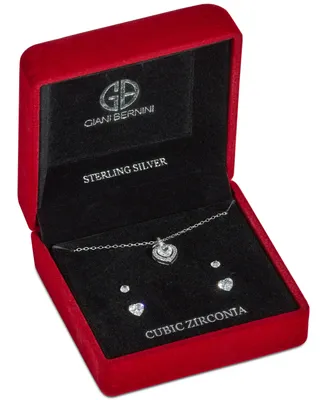 Giani Bernini 3-Pc. Set Cubic Zirconia Heart Halo Pendant Necklace & Two Pair Solitaire Stud Earrings in Sterling Silver, Created for Macy's