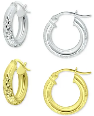2-Pc. Set Textured Small Huggie Hoop Earrings in Sterling Silver & 18k Gold
