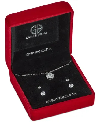 Giani Bernini 3-Pc. Set Cubic Zirconia Halo Pendant Necklace & Two Pair Solitaire Stud Earrings in Sterling Silver, Created for Macy's