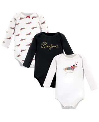 Hudson Baby Infant Girl Cotton Long-Sleeve Bodysuits, Bonjour Dachshund, 3-Pack