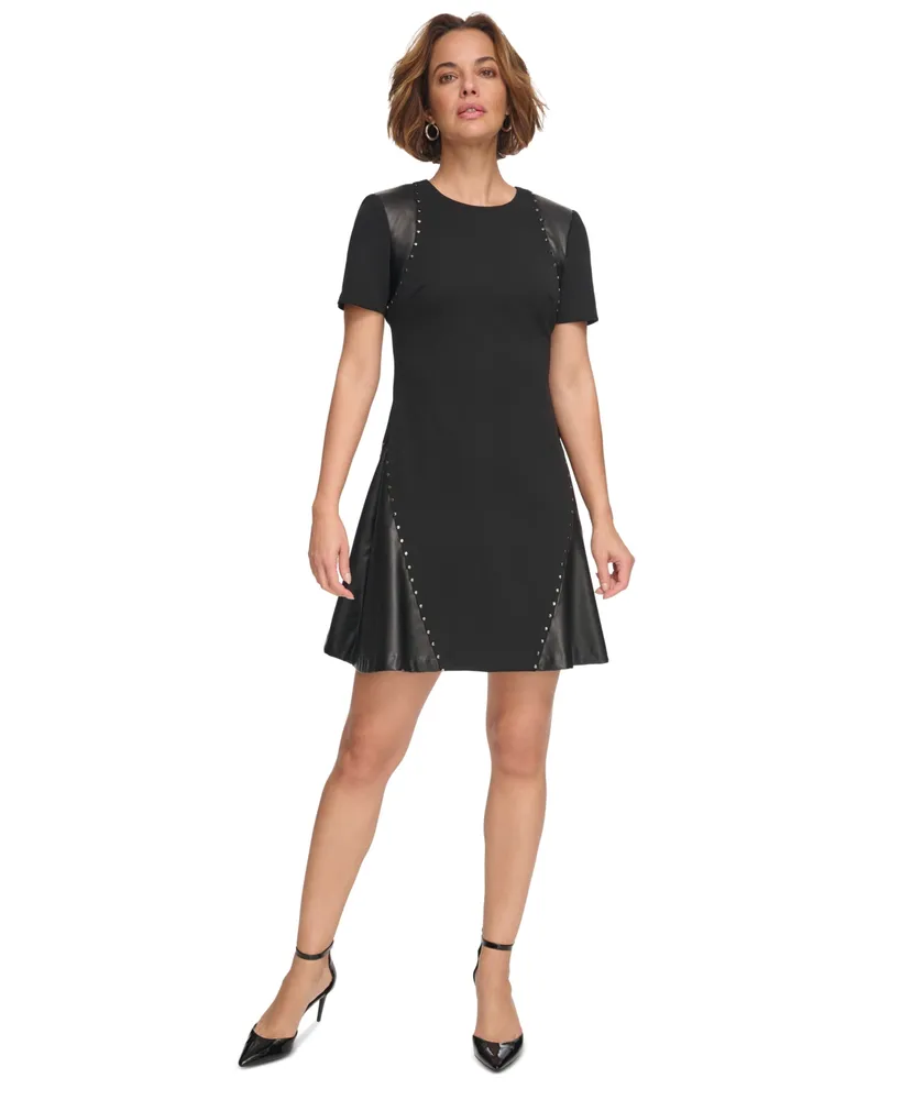 Dkny Women's Studded Mixed-Media Fit & Flare Dress