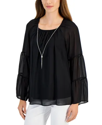 Jm Collection Petite Smocked-Sleeve Necklace Top, Created for Macy's