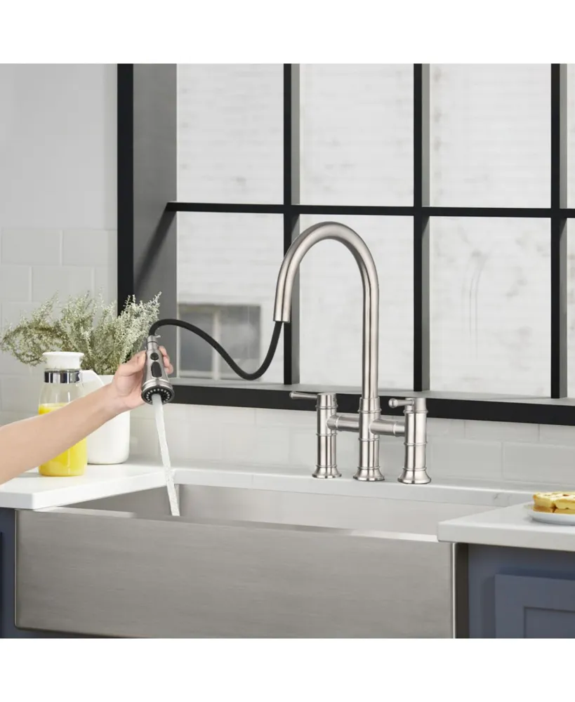 Simplie Fun Double Handle Bridge Kitchen Faucet With Pull-Down Spray Head