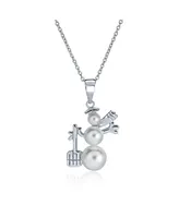 Elegant Winter White Simulated Pearl Holiday Christmas Snowman Pendant Necklace For Teen For Women .925 Sterling