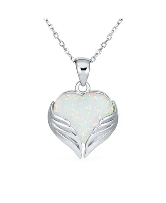 Romantic Love Gemstone Created Framed White Opal Heart Shaped Angel Wing Necklace Pendant For Women Girlfriend .925 Sterling Silver