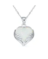 Romantic Love Gemstone Created Framed White Opal Heart Shaped Angel Wing Necklace Pendant For Women Girlfriend .925 Sterling Silver