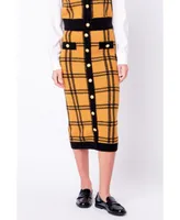 Women's Knit Check Plaid Midi Skirt