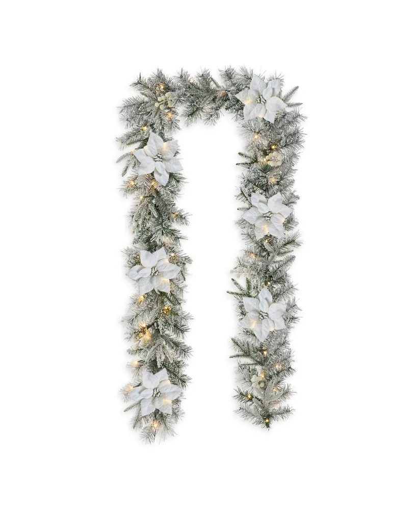 Glitzhome 9' Pre-Lit Snow Flocked Greenery Pine Poinsettia Christmas Garland, with 50 Warm White Lights